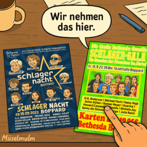 Zwei Plakate auf einem Schreibtisch, eine Hand zeigt auf das grellere. Eine Sprechblase sagt: „Wir nehmen das hier.“ – satirische Darstellung eines Entscheidungsprozesses ohne Wertschätzung.