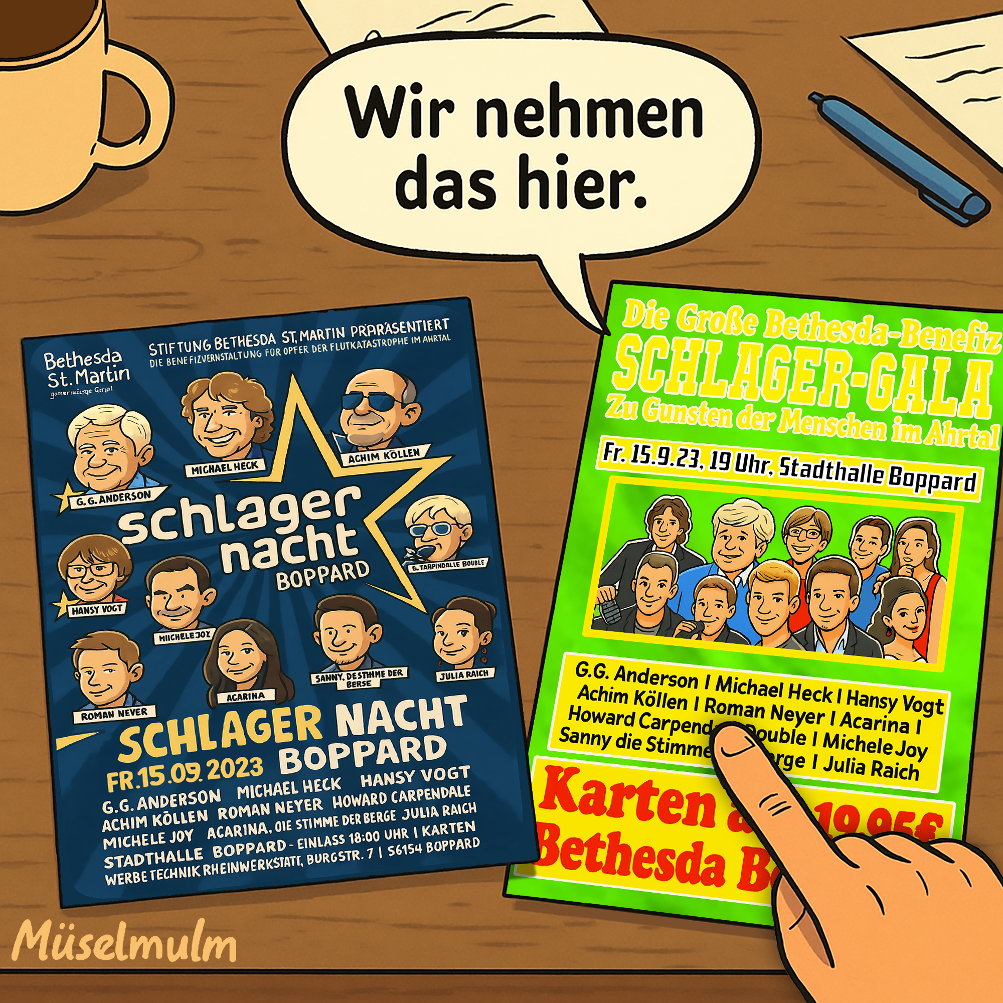 Zwei Plakate auf einem Schreibtisch, eine Hand zeigt auf das grellere. Eine Sprechblase sagt: „Wir nehmen das hier.“ – satirische Darstellung eines Entscheidungsprozesses ohne Wertschätzung.