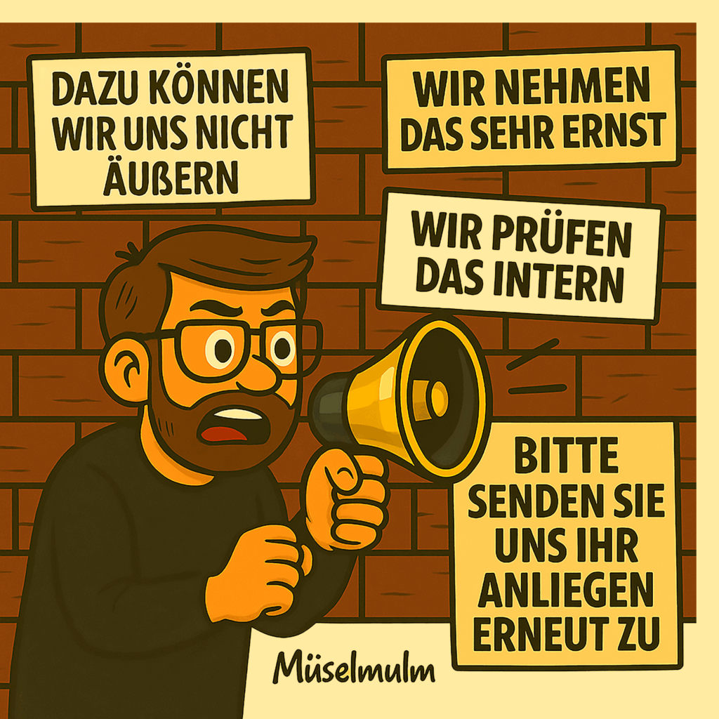 Illustration eines wütenden Mannes mit Megafon, umgeben von typischen institutionellen Phrasen wie ‚Wir nehmen das sehr ernst‘ oder ‚Wir prüfen das intern‘.