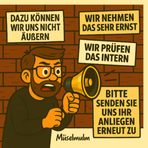 Illustration eines wütenden Mannes mit Megafon, umgeben von typischen institutionellen Phrasen wie ‚Wir nehmen das sehr ernst‘ oder ‚Wir prüfen das intern‘.