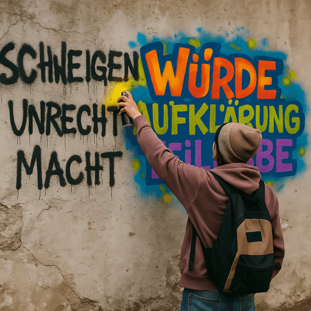 Eine Person übersprüht die negativen Graffiti-Worte ‚Schweigen, Macht, Unrecht‘ mit den positiven Begriffen ‚Würde, Aufklärung, Teilhabe‘ – künstlerisches Statement gegen das Verschweigen