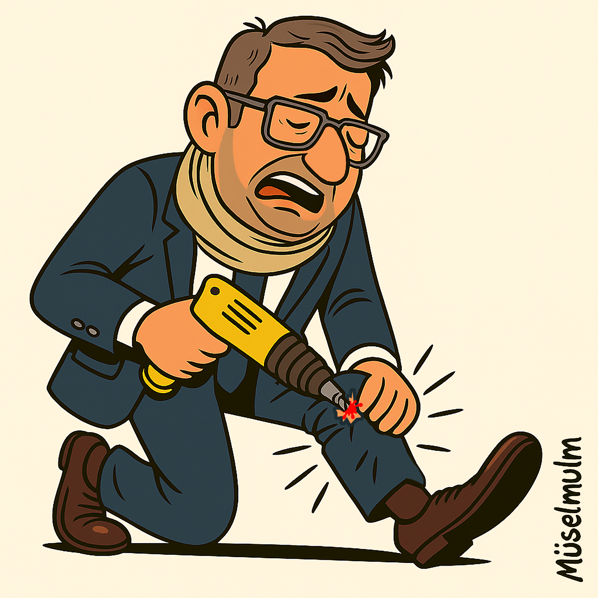 Cartoon eines Mannes im Anzug, der sich mit einer Bohrmaschine schmerzverzerrt selbst ins Knie bohrt – Sinnbild für selbstverschuldetes Scheitern durch Ignoranz oder Schweigen.