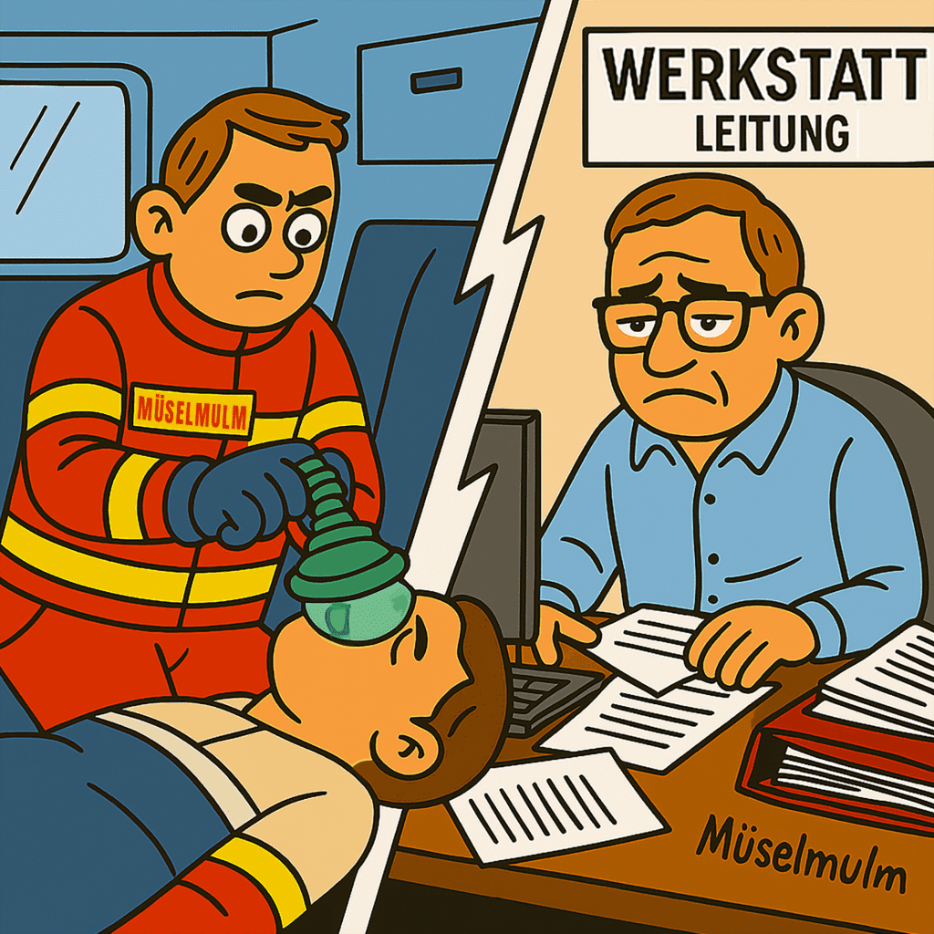 Illustration: Links ein Notfallsanitäter mit Beatmungsmaske im Einsatz – rechts ein Mann als Werkstattleiter am Schreibtisch, ratlos vor Akten – getrennt durch eine Blitzeinschlag-Linie
