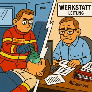 Illustration: Links ein Notfallsanitäter mit Beatmungsmaske im Einsatz – rechts ein Mann als Werkstattleiter am Schreibtisch, ratlos vor Akten – getrennt durch eine Blitzeinschlag-Linie