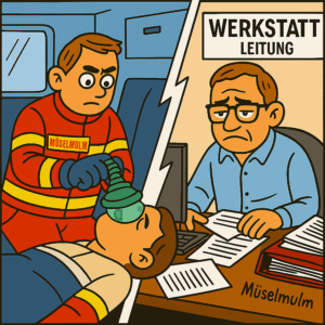 Illustration: Links ein Notfallsanitäter mit Beatmungsmaske im Einsatz – rechts ein Mann als Werkstattleiter am Schreibtisch, ratlos vor Akten – getrennt durch eine Blitzeinschlag-Linie