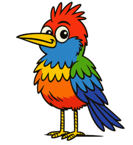 Gezeichneter bunter Vogel Müselmulm mit rotem Schopf, blauen, grünen und orangen Federn – Symbolfigur für die Website ‚Inklusion by Müselmulm‘