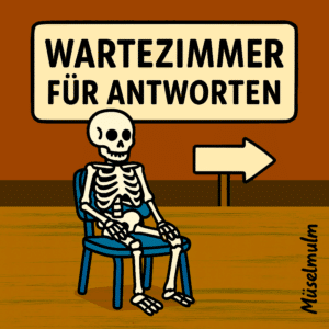 Ein menschliches Skelett sitzt auf einem blauen Stuhl vor einem Schild mit der Aufschrift ‚Wartezimmer für Antworten‘ – ein satirisches Bild für das langanhaltende Schweigen über Missbrauch in der Einrichtung Rheinwerkstatt Boppard