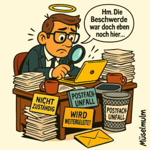 Illustration eines überforderten Kirchenmannes mit Heiligenschein am Schreibtisch, der eine Beschwerde sucht. Auf dem Tisch stapeln sich Akten mit Aufschriften wie ‚Nicht zuständig‘, ‚Wird weitergeleitet‘ und ‚Postfach-Unfall‘.