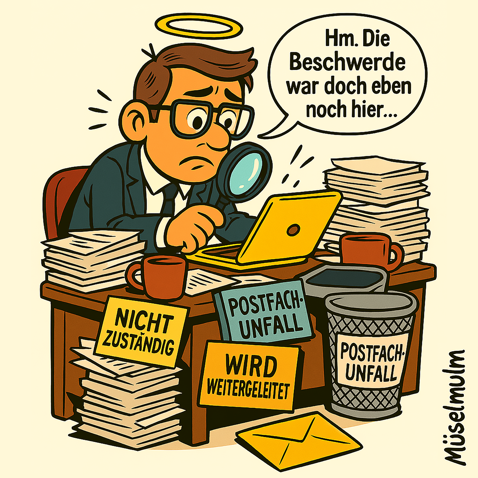 Illustration eines überforderten Kirchenmannes mit Heiligenschein am Schreibtisch, der eine Beschwerde sucht. Auf dem Tisch stapeln sich Akten mit Aufschriften wie ‚Nicht zuständig‘, ‚Wird weitergeleitet‘ und ‚Postfach-Unfall‘.