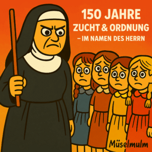 Illustration einer strengen Ordensfrau mit Stock vor eingeschüchterten Mädchen – satirische Darstellung kirchlicher Heimerziehung