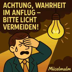 Illustration eines Mannes im Anzug, der sich erschrocken das Gesicht verdeckt, geblendet vom Licht einer Glühbirne. Daneben steht in großen Buchstaben: „Achtung, Wahrheit im Anflug – bitte Licht vermeiden!“