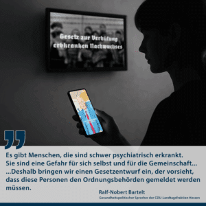 Frau blickt auf Handy mit CDU-Politiker Bartelt, im Hintergrund Monitor mit NS-Schriftzug – kritische Illustration zum geplanten Register psychisch Erkrankte