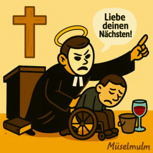 Evangelischer Pfarrer im Talar spricht über Nächstenliebe, während er eine leidende Person im Rollstuhl unterdrückt – satirische Darstellung institutioneller Heuchelei.