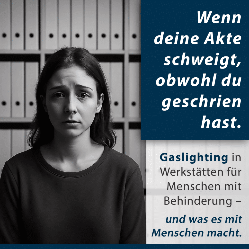 Junge Frau mit ernster Miene vor einer Wand aus Aktenordnern, daneben Text zum Thema Gaslighting in der Rheinwerkstatt Boppard.