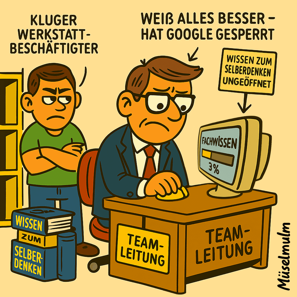 Satirische Comiczeichnung zur Kritik an Fachkompetenz und Leitungskultur in der Rheinwerkstatt Boppard