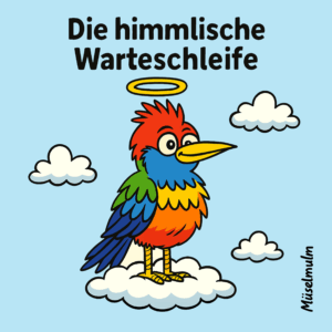 Müselmulm-Vogel sitzt mit Heiligenschein auf einer Wolke in der „himmlischen Warteschleife“ – satirische Illustration zur Aufarbeitung sexualisierte Gewalt Diakonie.