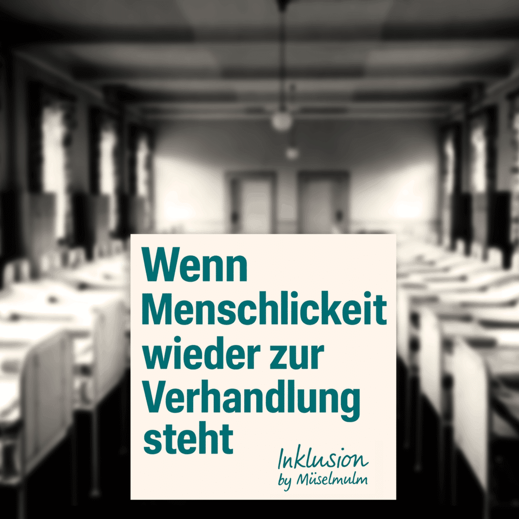 Schwarzweißfoto eines alten Schlafsaals mit leeren Betten, darüber der Schriftzug: ‚Wenn Menschlichkeit wieder zur Verhandlung steht – Inklusion by Müselmulm‘.